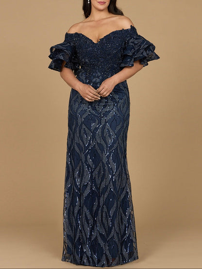 Off Shoulder Mermaid Beaded Gown with Tiered Sleeves
